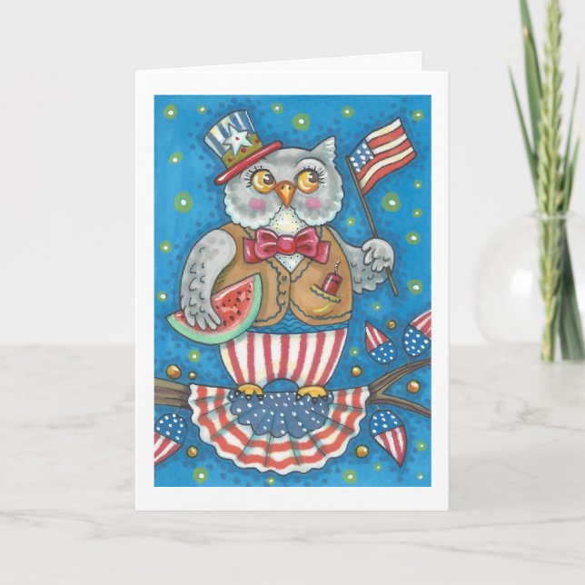 4TH OF JULY PATRIOTIC OWL GREETING CARD Verse (Front)