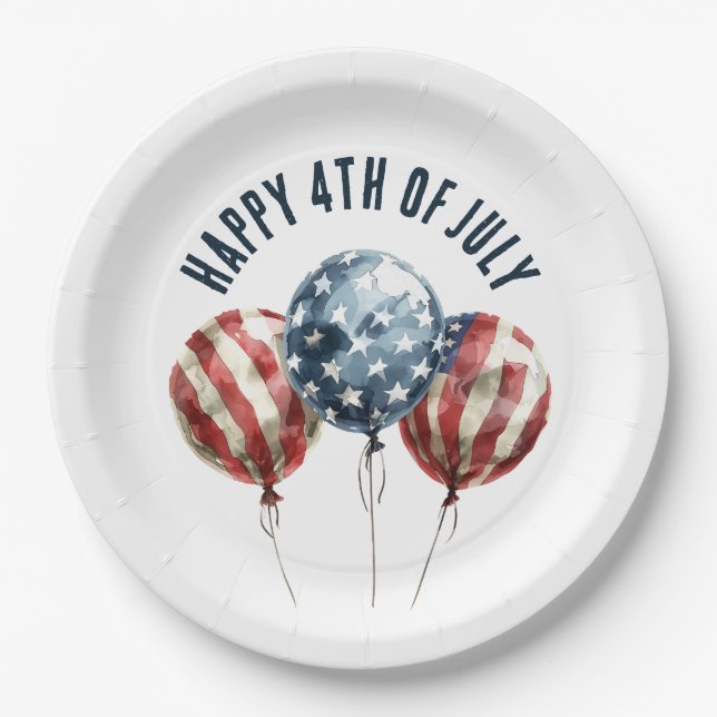 4th of July Patriotic Party Balloons Paper Plate (Front)