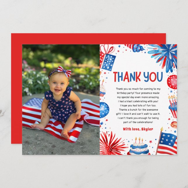 4th Of July Patriotic Red White and Blue Birthday  Thank You Card (Front/Back)