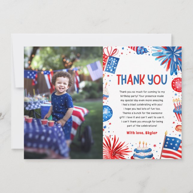 4th Of July Patriotic Red White and Blue Birthday  Thank You Card (Front)