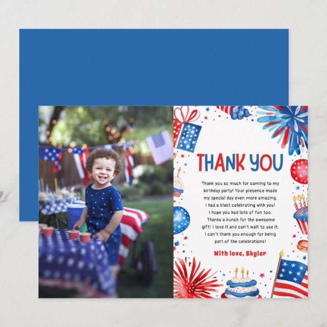 4th Of July Patriotic Red White Blue Birthday Thank You Card (Front/Back)