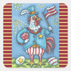 4TH OF JULY PATRIOTIC ROOSTER STICKERS Squ * Sheet