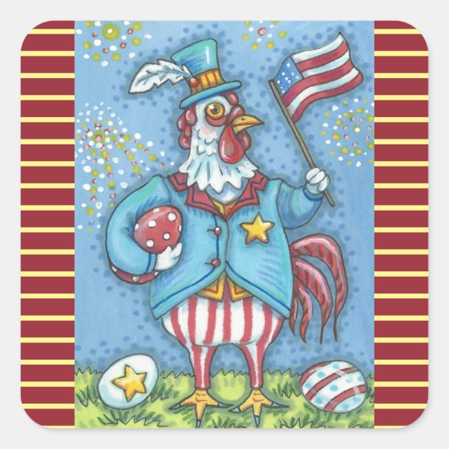4TH OF JULY PATRIOTIC ROOSTER STICKERS Squ * Sheet (Front)