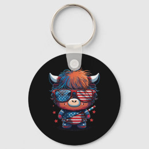 4th Of July Patriotic Scottish Cow Us Flag Key Ring