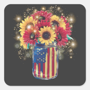 4th of July Patriotic Sunflowers Jar American Flag Square Sticker