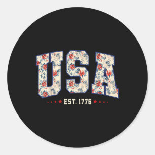 4th Of July Patriotic Us Flag Floral Usa Est 1776  Classic Round Sticker