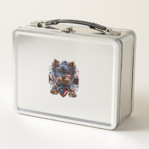 4th of July Patriotic Yorkie Dog US Flag Metal Lunch Box