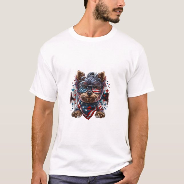 4th of July Patriotic Yorkie Dog US Flag  T-Shirt (Front)