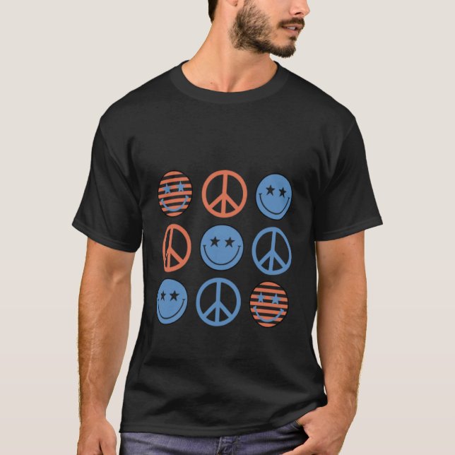 4th Of July Peace Sign Happy Face Patriotic T-Shirt (Front)