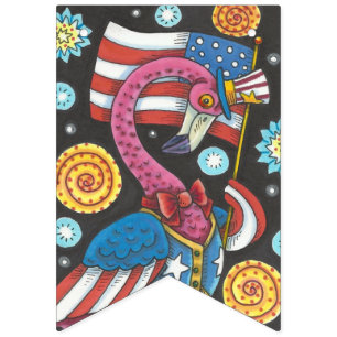 4TH OF JULY PINK FLAMINGO, BIRD BUNTING BANNER