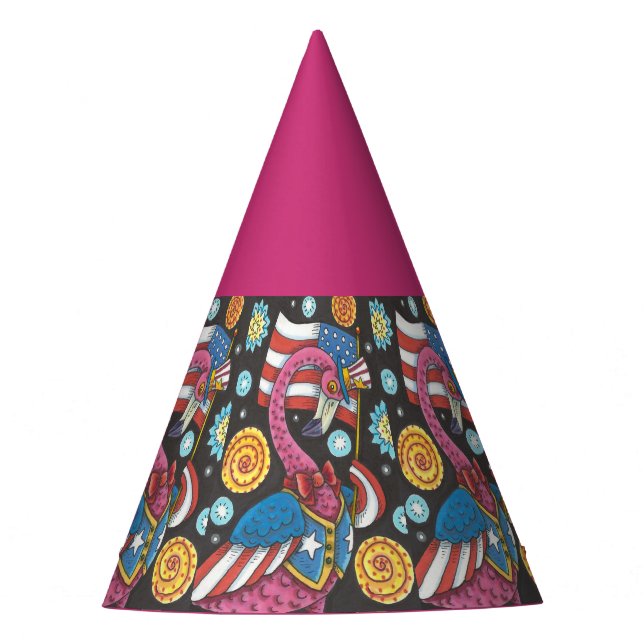 4TH OF JULY PINK FLAMINGO, HOLIDAY BIRD PARTY HAT (Front)