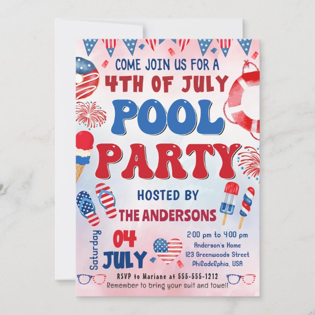 4th of July Pool Party Summer Invitation (Front)