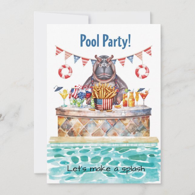 4th of July Pool Party with Hippo  Invitation (Front)