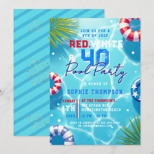 4th of July Pool Party Woman Modern 40th Birthday Invitation
