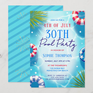 4th of July Pool Party Woman Trendy 30th Birthday Invitation