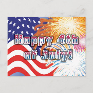 4th of July postcard with flag and fireworks