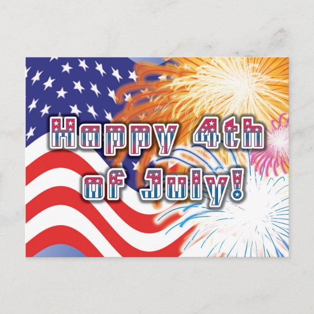 4th of July postcard with flag and fireworks (Front)