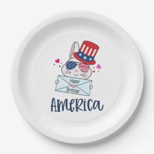 4th of July Rabbit with USA Flag Sun Glasses Paper Plate
