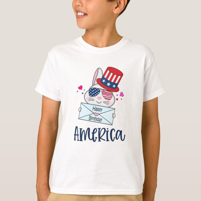 4th of July Rabbit with USA Flag Sun Glasses T-Shirt (Front)
