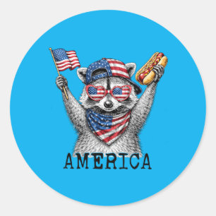 4th Of July Racoon Aamerica Flag Hotdog Men Women Classic Round Sticker