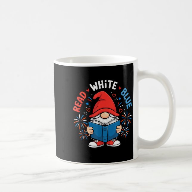 4th of July Read White Blue Gnome Reading Book Coffee Mug (Right)