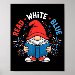 4th of July Read White Blue Gnome Reading Book Poster