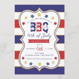 4th of July Red Blue Gold Stars Stripes BBQ Party Invitation