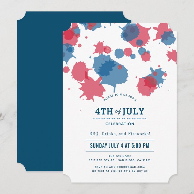 4th of July Red & Blue Splatters Party Invitation (Front/Back)