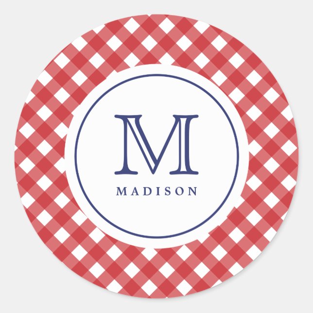 4th Of July Red Checks Blue Monogram Party Sticker (Front)