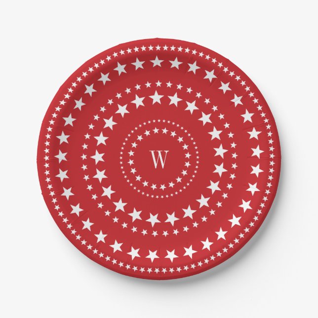 4th Of July Red Stars Monogram Party Paper Plates (Front)