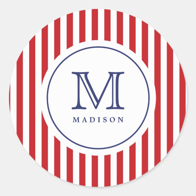 4th Of July Red Stripes Monogram Party Sticker (Front)