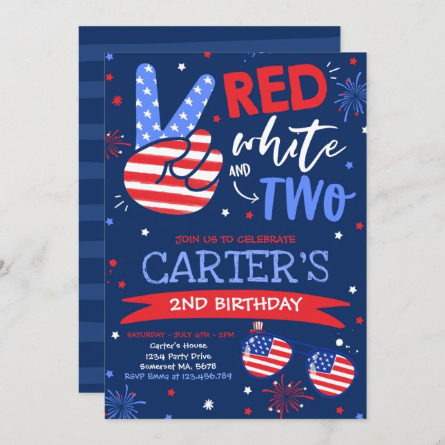 4th Of July Red White And Blue 2nd Birthday Invitation (Front/Back)