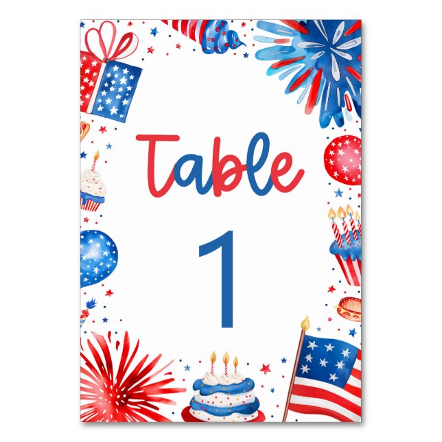 4th of July Red White and Blue Table Number Card (Front)