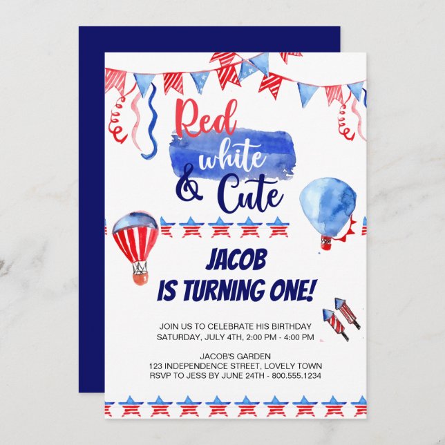 4th of July Red White and Cute Birthday Invitation (Front/Back)