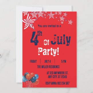 4th of July Red White Blue Fireworks Party  Invitation