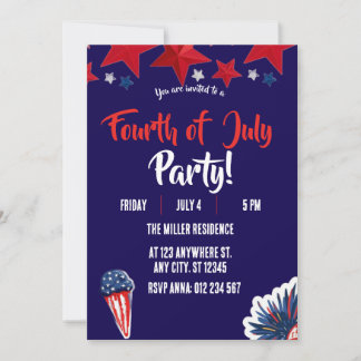 4th of July Red White Blue Fireworks Party  Invitation