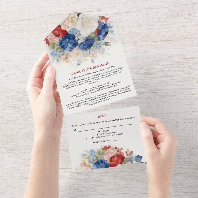 4th of July Red White & Blue Floral Wedding All In One Invitation (Tearaway)