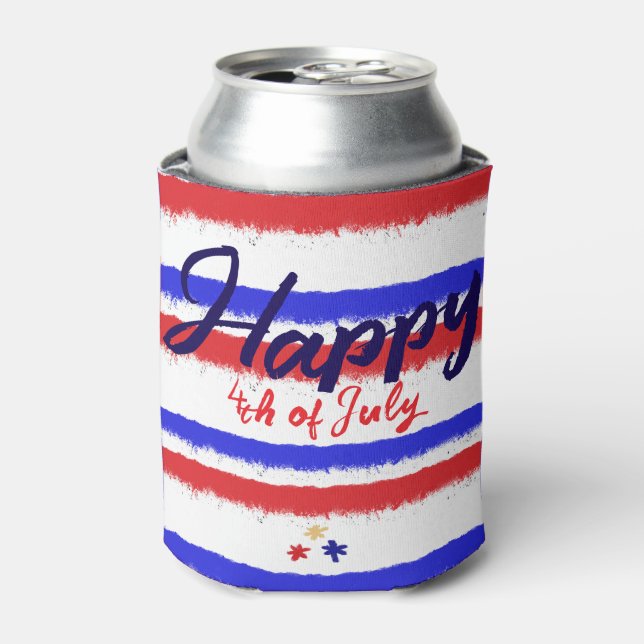 4th of July Red White Blue Painted Stripes Can Cooler (Can Front)