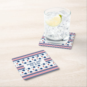 4th Of July Red White & Blue Patriotic Square Pape Paper Coaster