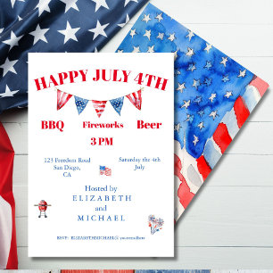 4th of July  Red White Blue Stars BBQ  Invitation