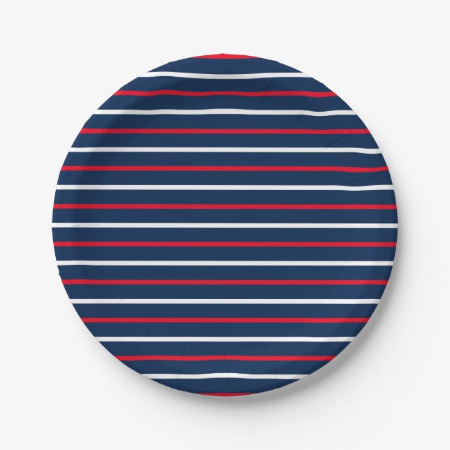 4th of July red white navy blue patriotic stripes Paper Plate (Front)