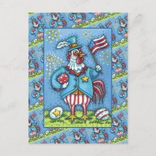 4TH OF JULY ROOSTER, FUNNY PATRIOTIC CHICKEN HOLIDAY POSTCARD
