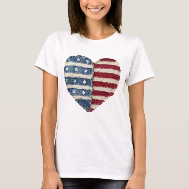 4th of July Shirt Patchwork, retro heart Patriotic (Front)