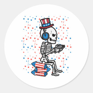 4th Of July Skeleton Gamer Funny America Boys Kids Classic Round Sticker