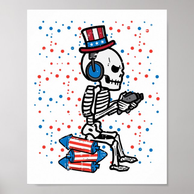 4th Of July Skeleton Gamer Funny America Boys Kids Poster (Front)