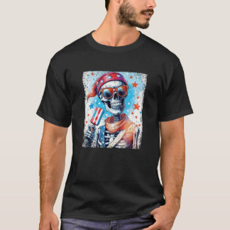 4th Of July Skeleton Popsicle Sunglasses USA Flag  T-Shirt
