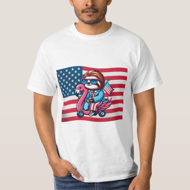 4th Of July Sloth Flamingo American Flag USA Fourt T-Shirt (Front)