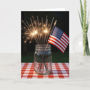 4th of July Sparklers and Flag In a Mason Jar Card