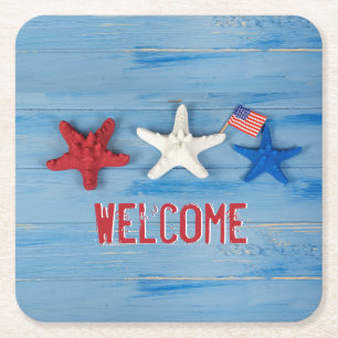 4th of July Starfish Square Paper Coaster