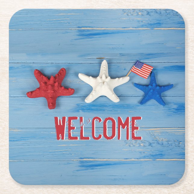 4th of July Starfish Square Paper Coaster (Front)